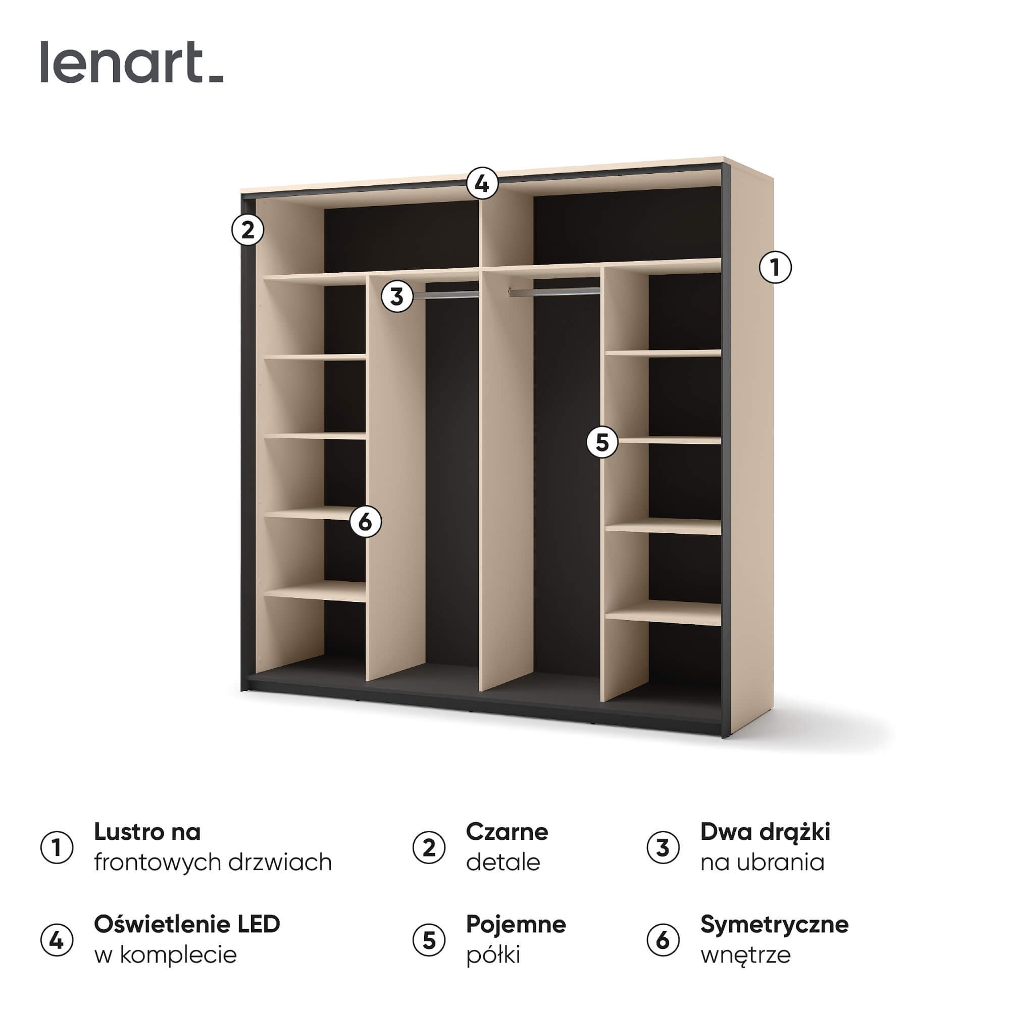 ENNA EN-01 2D bīdāmais skapis | 220 cm | Spogulis, LED apgaismojums | Bēša, melna — изображение 6