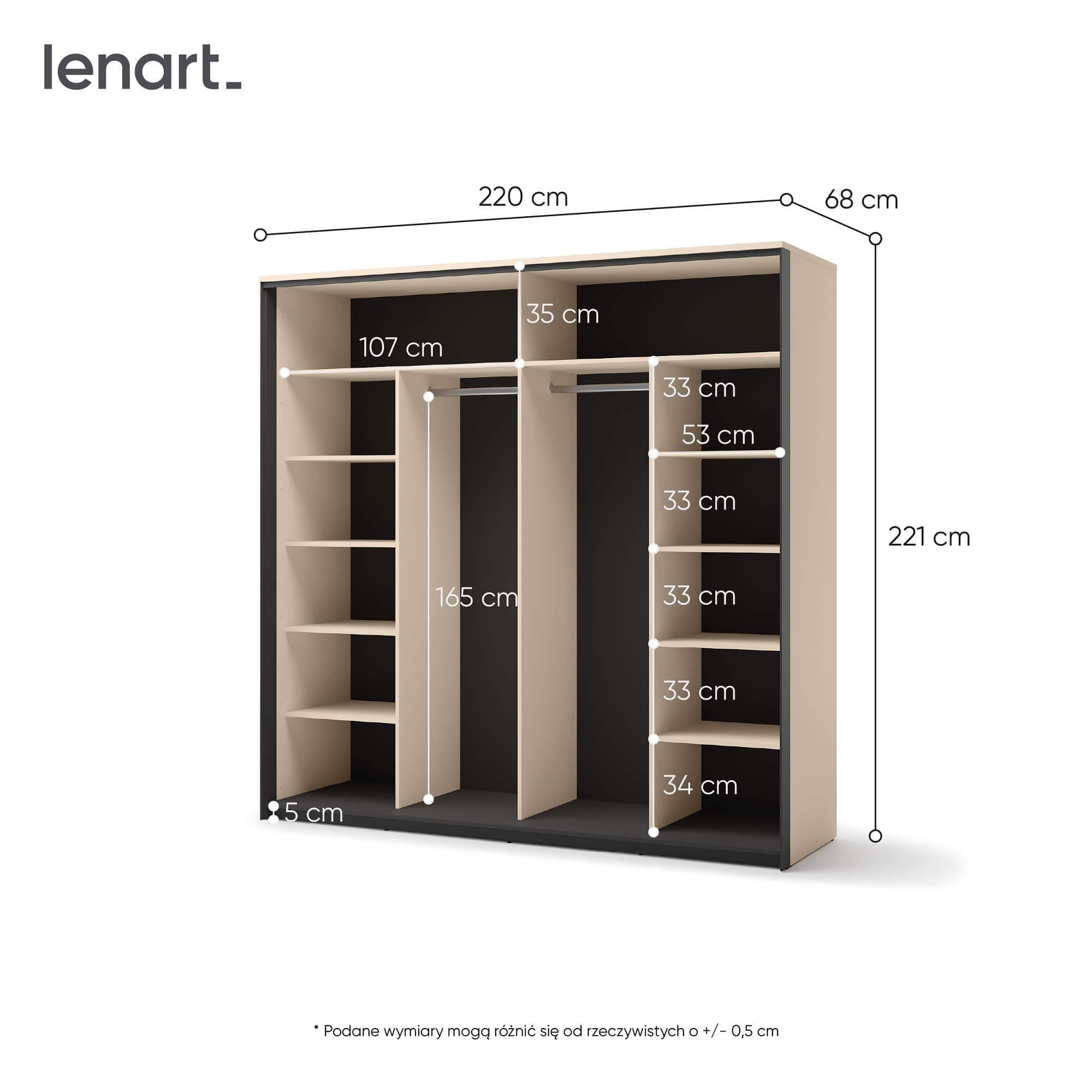 ENNA EN-01 2D bīdāmais skapis | 220 cm | Spogulis, LED apgaismojums | Bēša, melna — изображение 7