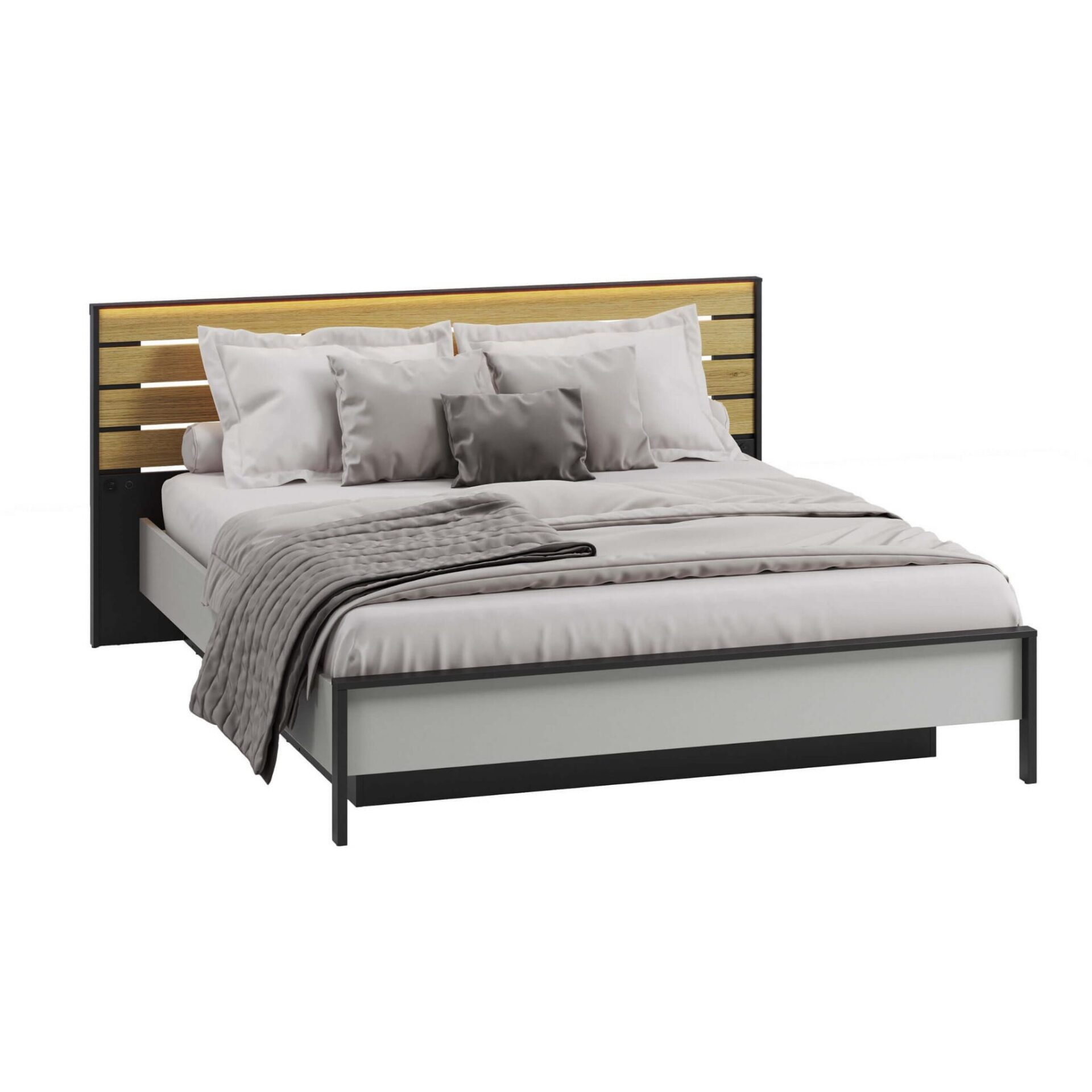 GRIS GS-02 gulta ar uzglabāšanas kasti | 160x200 | LED apgaismojums | Pelēka + melna + dabīgs ozols