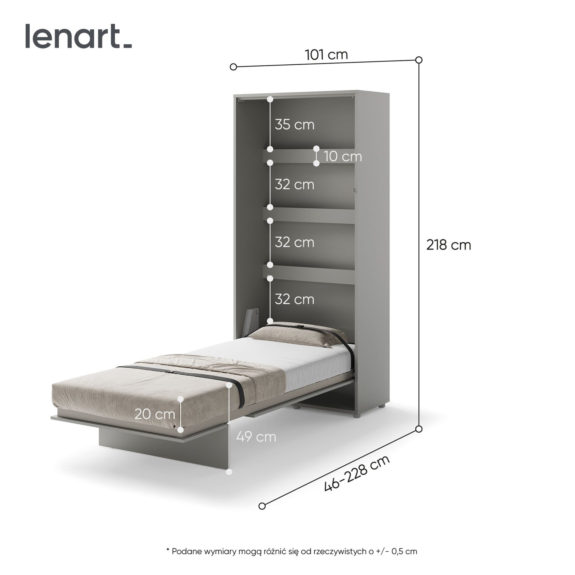 Bed Concept BC-03 - vertikāla pie sienas stiprināma gulta 90 - pelēka — 5 attēls