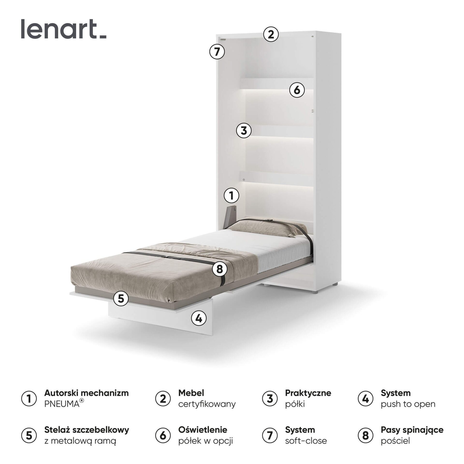 Bed Concept BC-03 - Vertikāla pie sienas stiprināma gulta 90 - Balta — 6 attēls