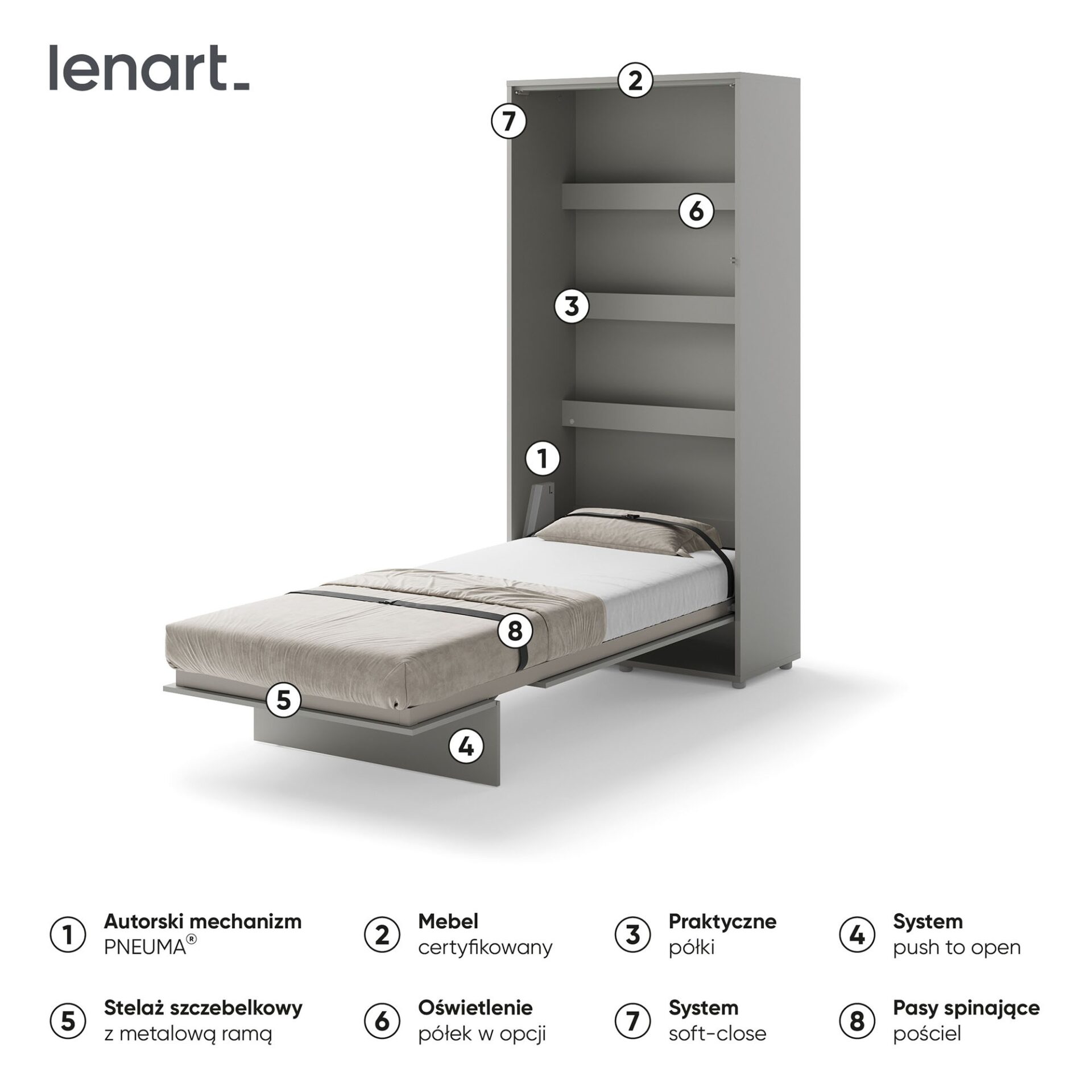 Bed Concept BC-03 - vertikāla pie sienas stiprināma gulta 90 - pelēka — 6 attēls