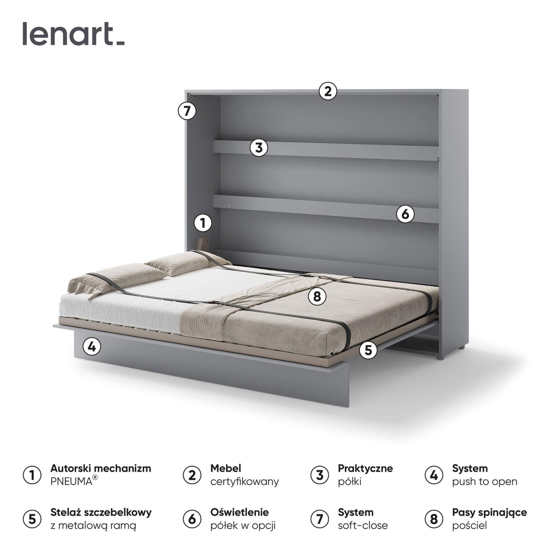 Bed Concept BC-14 - Horizontāla pie sienas stiprināma gulta 160 - Pelēka — 2 attēls