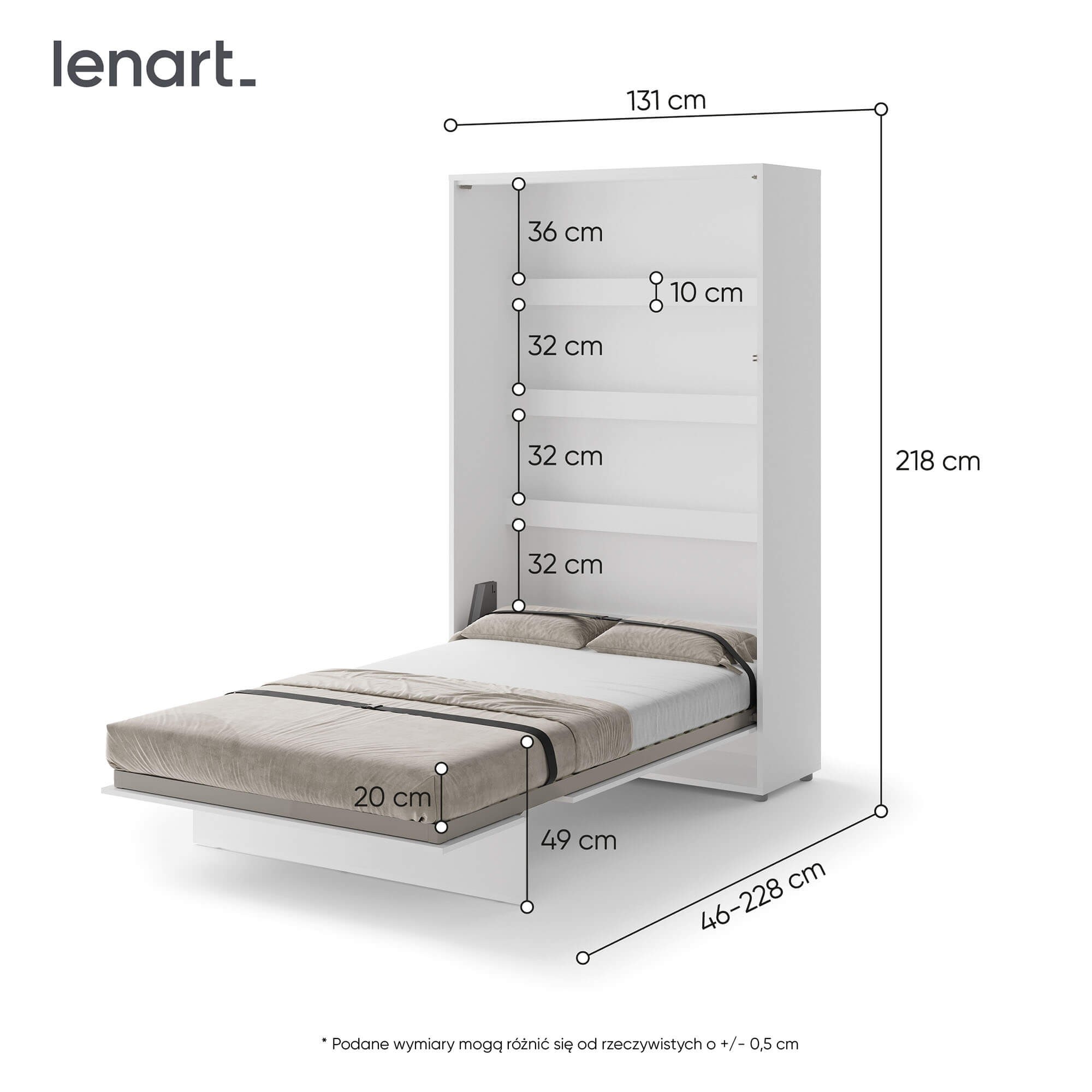 Bed Concept BC-02 - vertikāla pie sienas stiprināma gulta 120 - balta — 3 attēls