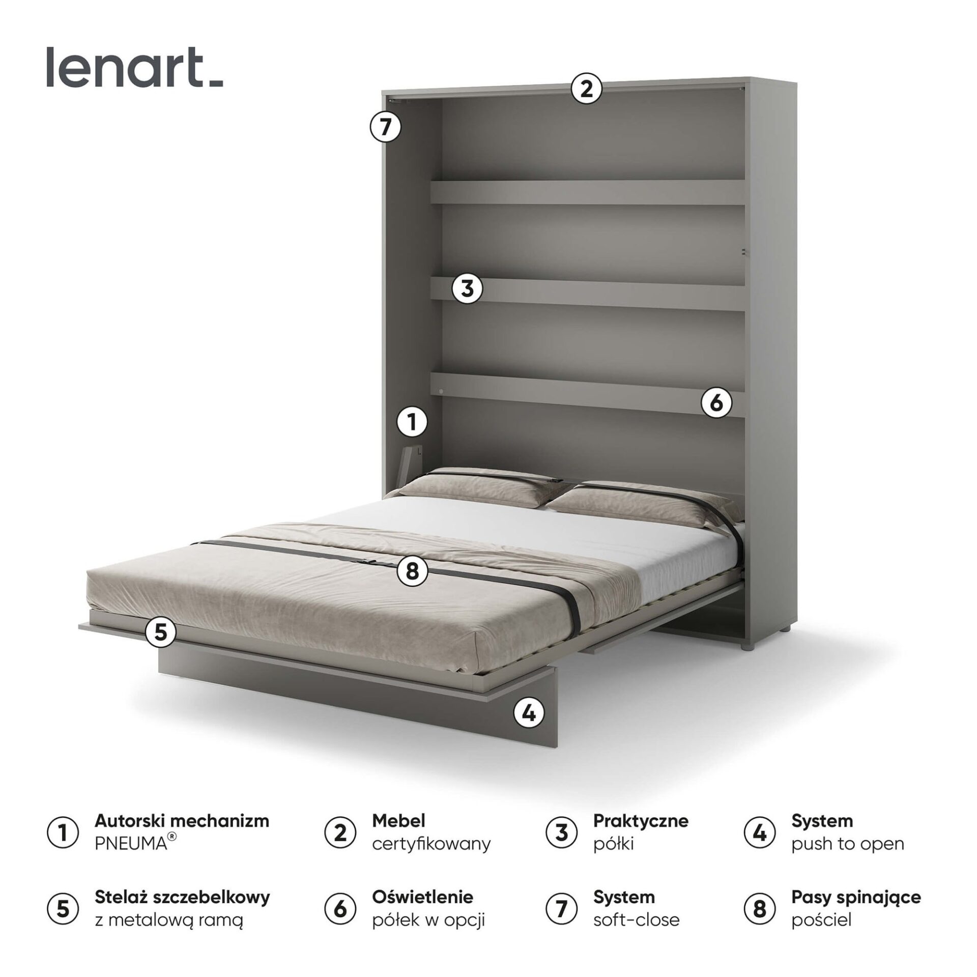Bed Concept BC-12 - Vertikāla sienas gulta 160 - Pelēka — 4 attēls