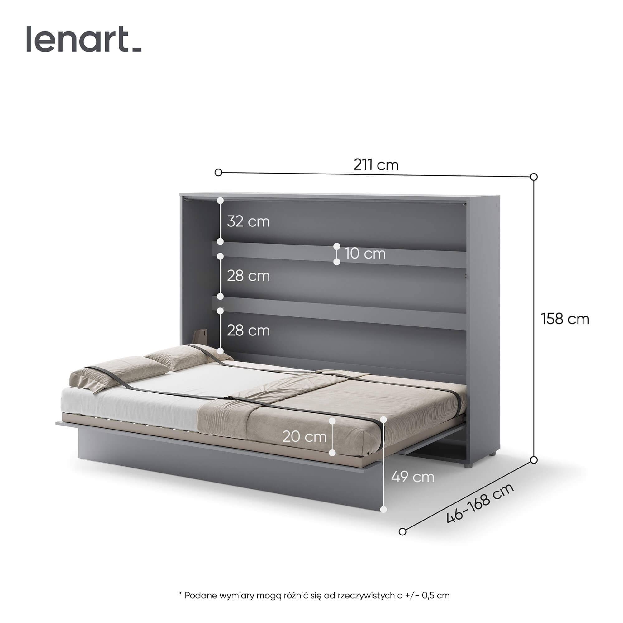 Bed Concept BC-04 - Horizontāla pie sienas stiprināma gulta 140 - Pelēka — 5 attēls