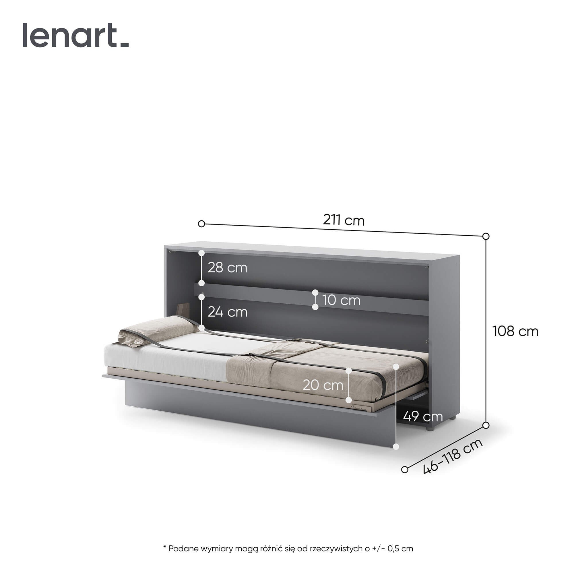 Lenart BED CONCEPT BC-06 - Horizontāla pie sienas stiprināma gulta 90 - Pelēka — изображение 5
