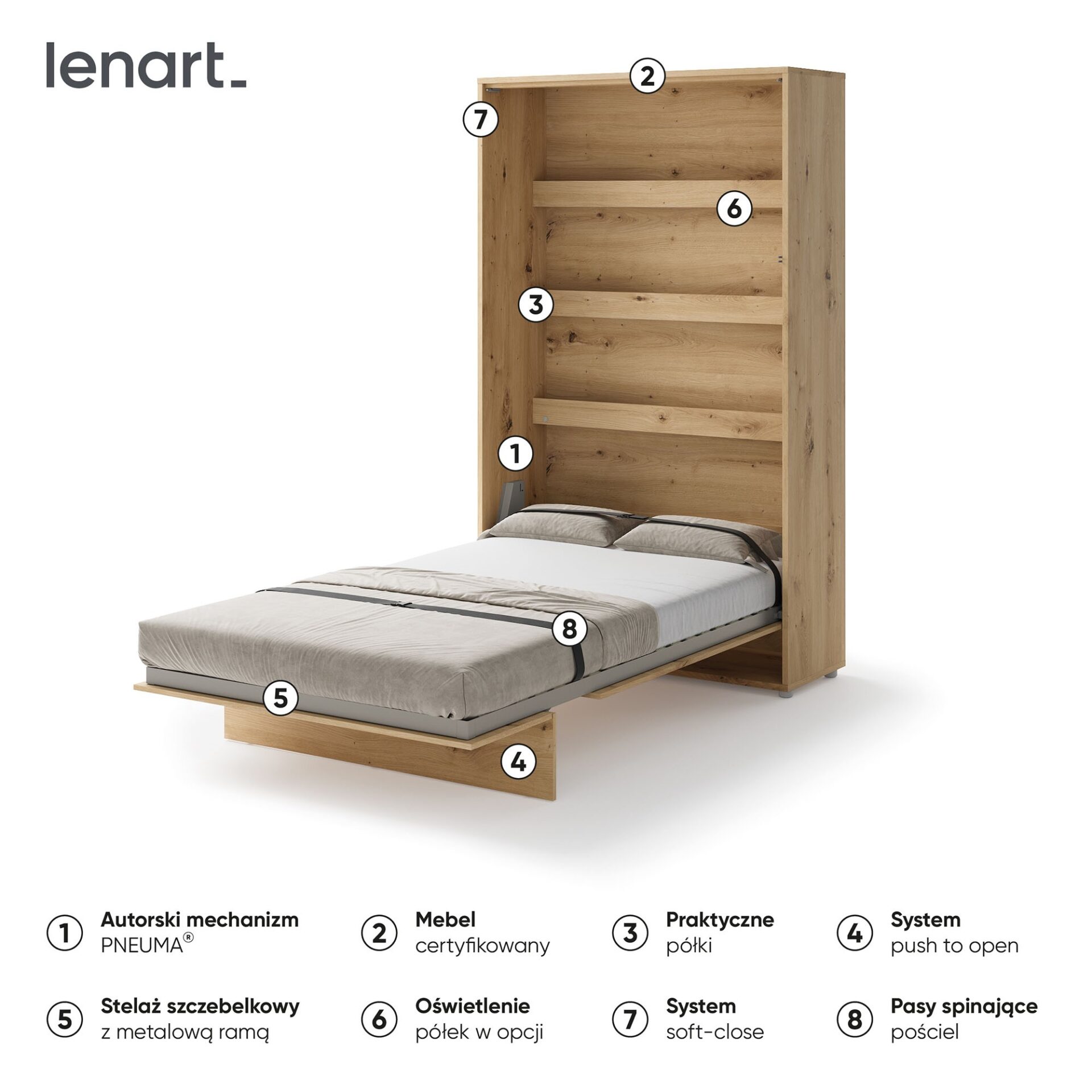 Gultas koncepcija BC-02 - vertikāla sienas gulta 120 cm - ozola imitācija — 6 attēls
