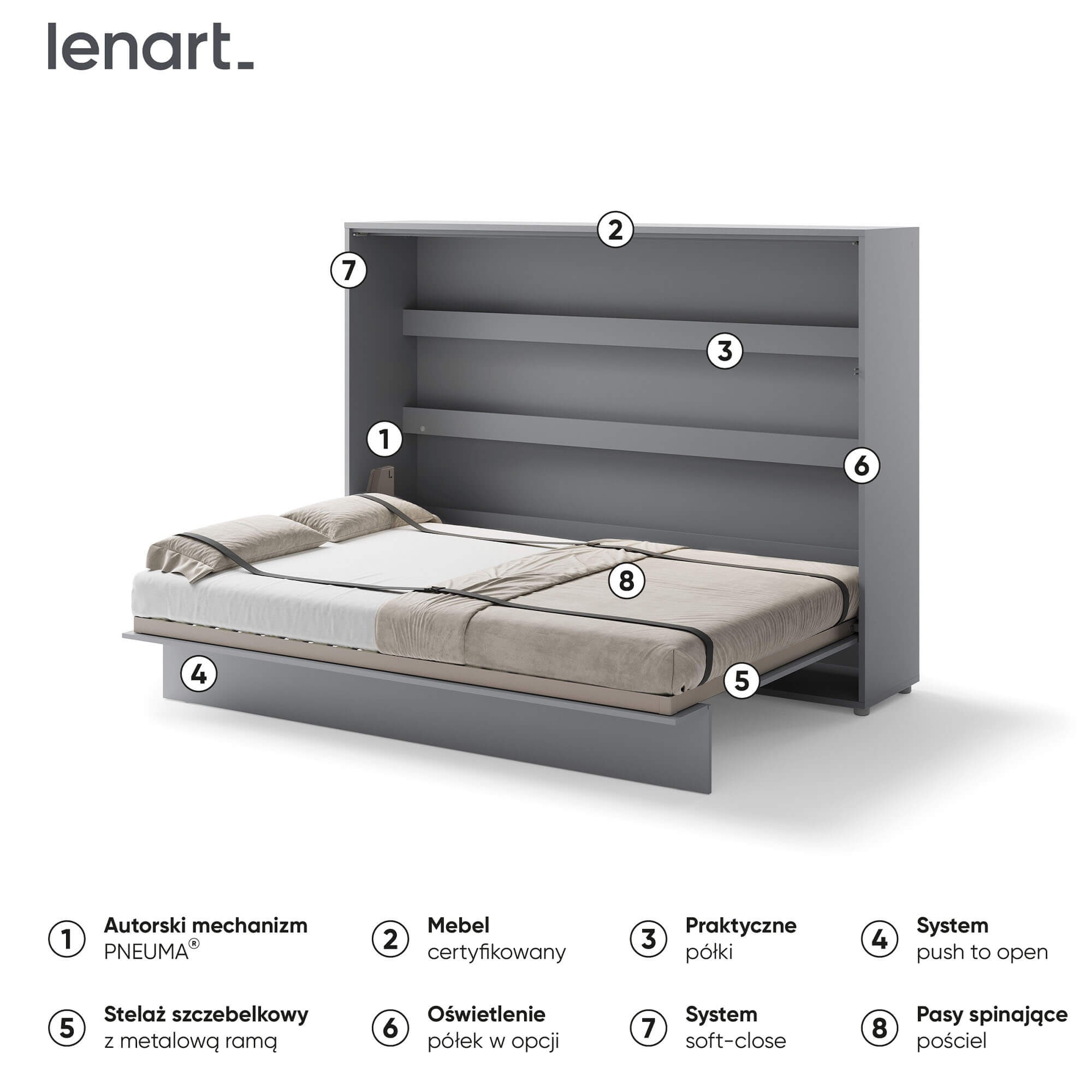 Bed Concept BC-04 - Horizontāla pie sienas stiprināma gulta 140 - Pelēka — 6 attēls