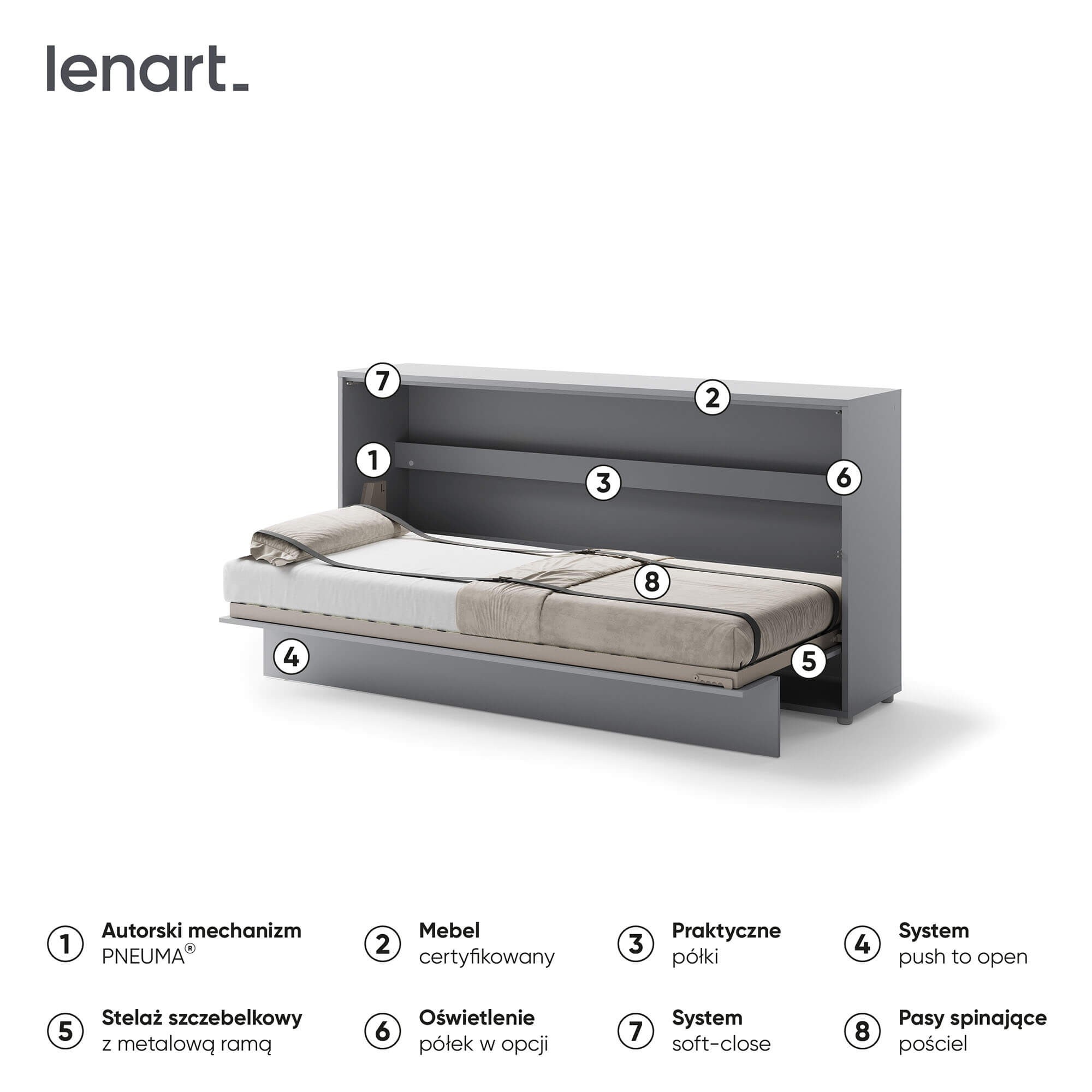 Lenart BED CONCEPT BC-06 - Horizontāla pie sienas stiprināma gulta 90 - Pelēka — изображение 6