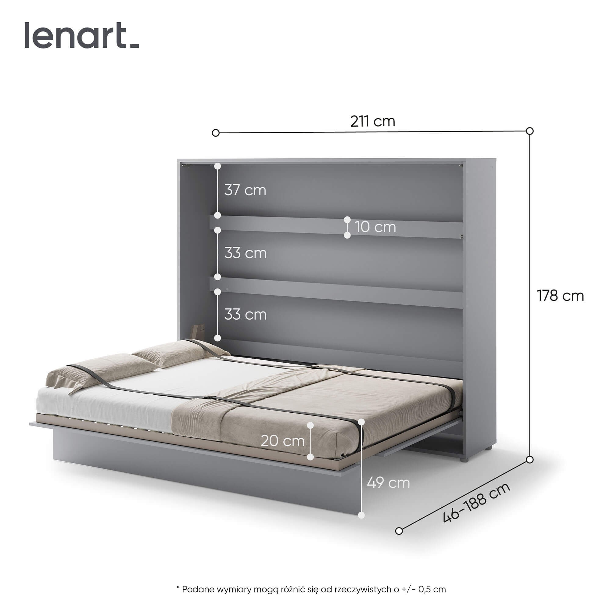 Bed Concept BC-14 - Horizontāla pie sienas stiprināma gulta 160 - Pelēka — 7 attēls