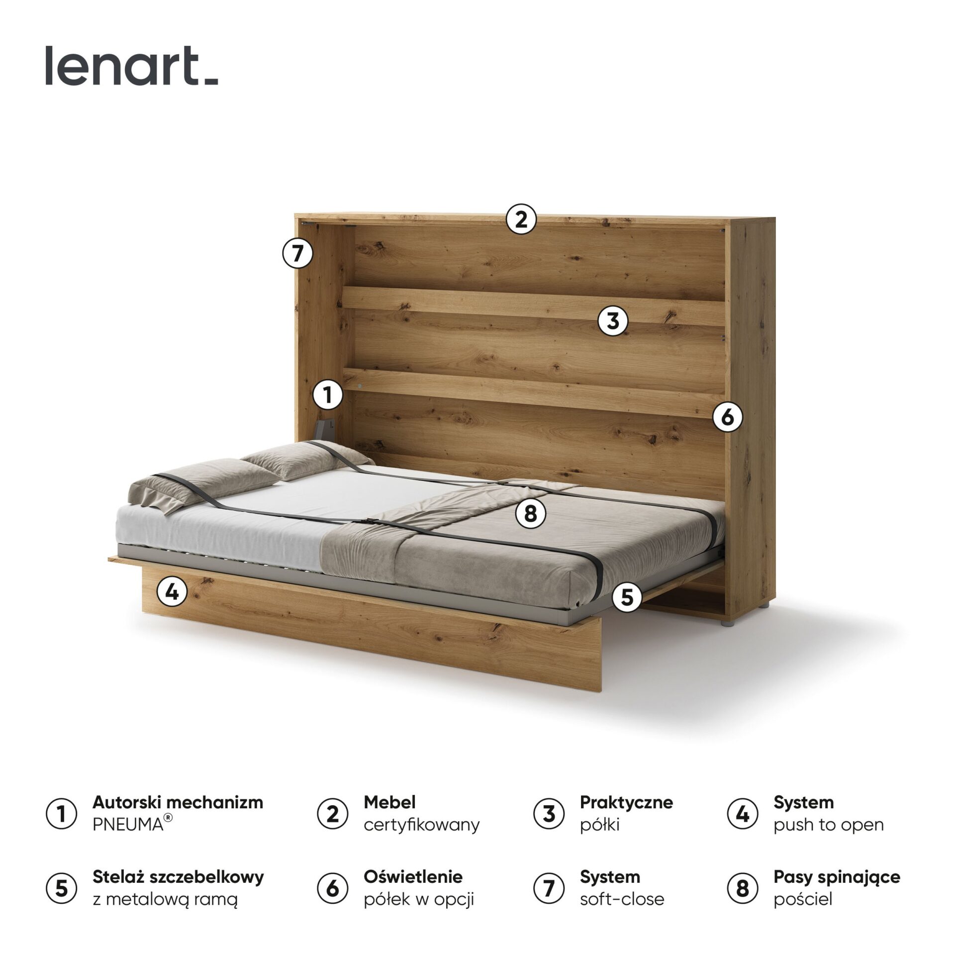 GULTAS KONCEPTS BC-04 - horizontāla sienas gulta 140 - ozola imitācija — 6 attēls