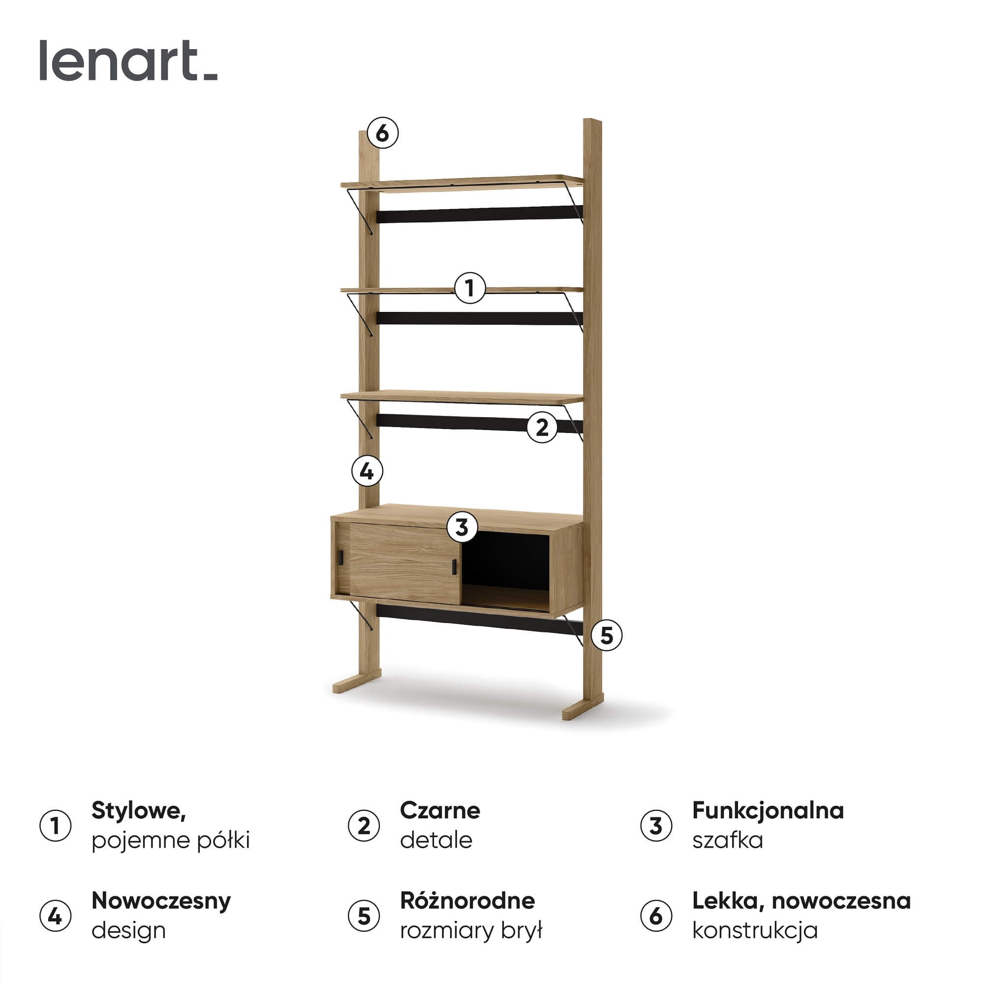 OLLIE OL-01 koka plaukts | 88x193x40 | Eļļots ozols, melns — 5 attēls