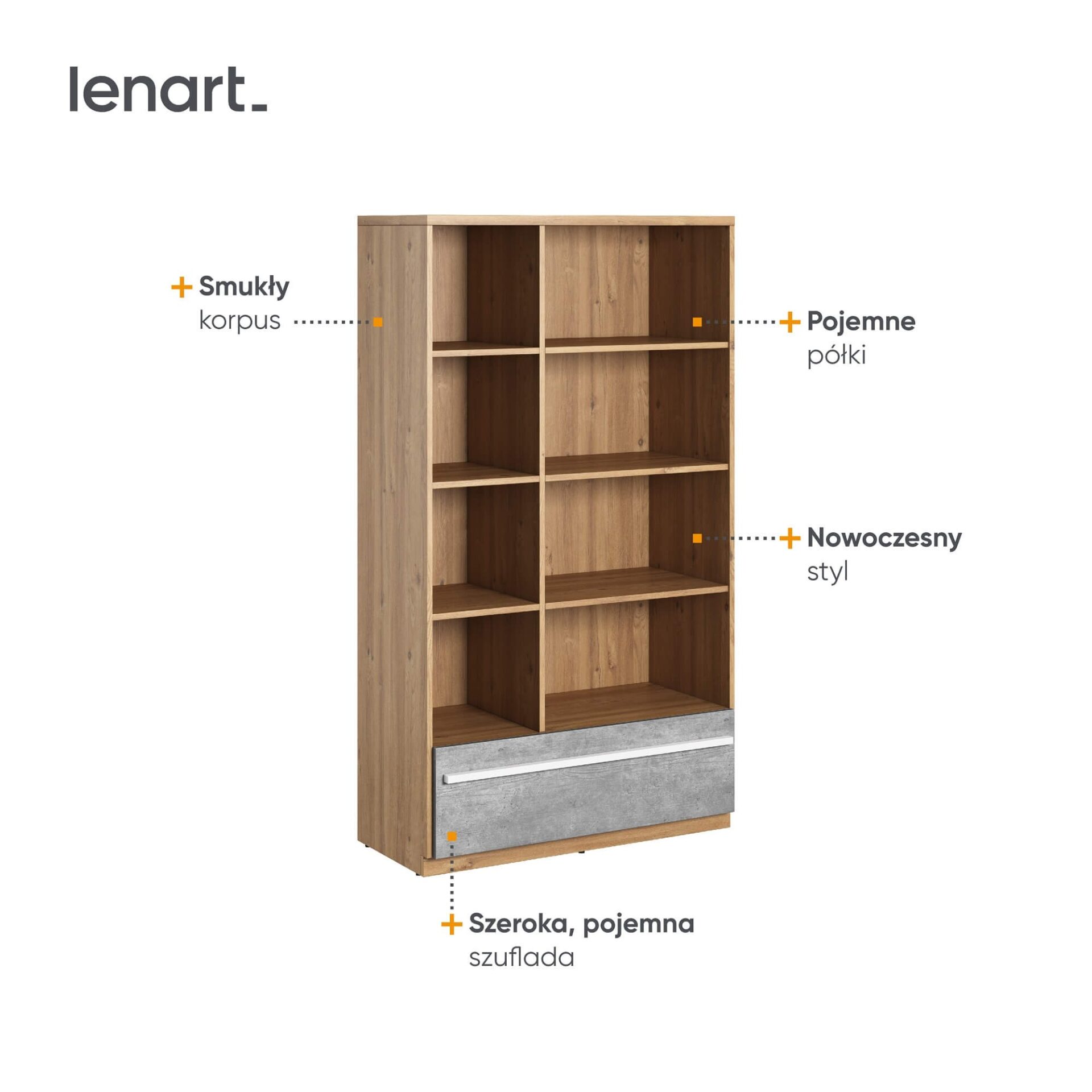 PLANO PN-03 grāmatu plaukts, ozols "Nash" / pelēks / balts — 5 attēls