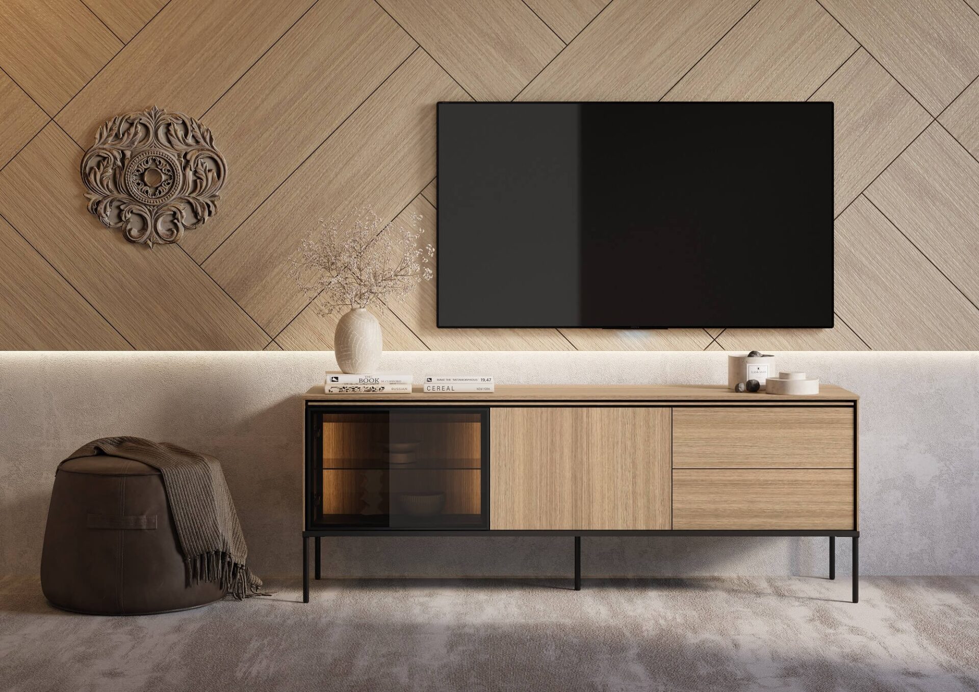 TV skapītis ar apgaismojumu 1d1w2s VISSO VI-07 | Lineārs ozols — 2 attēls