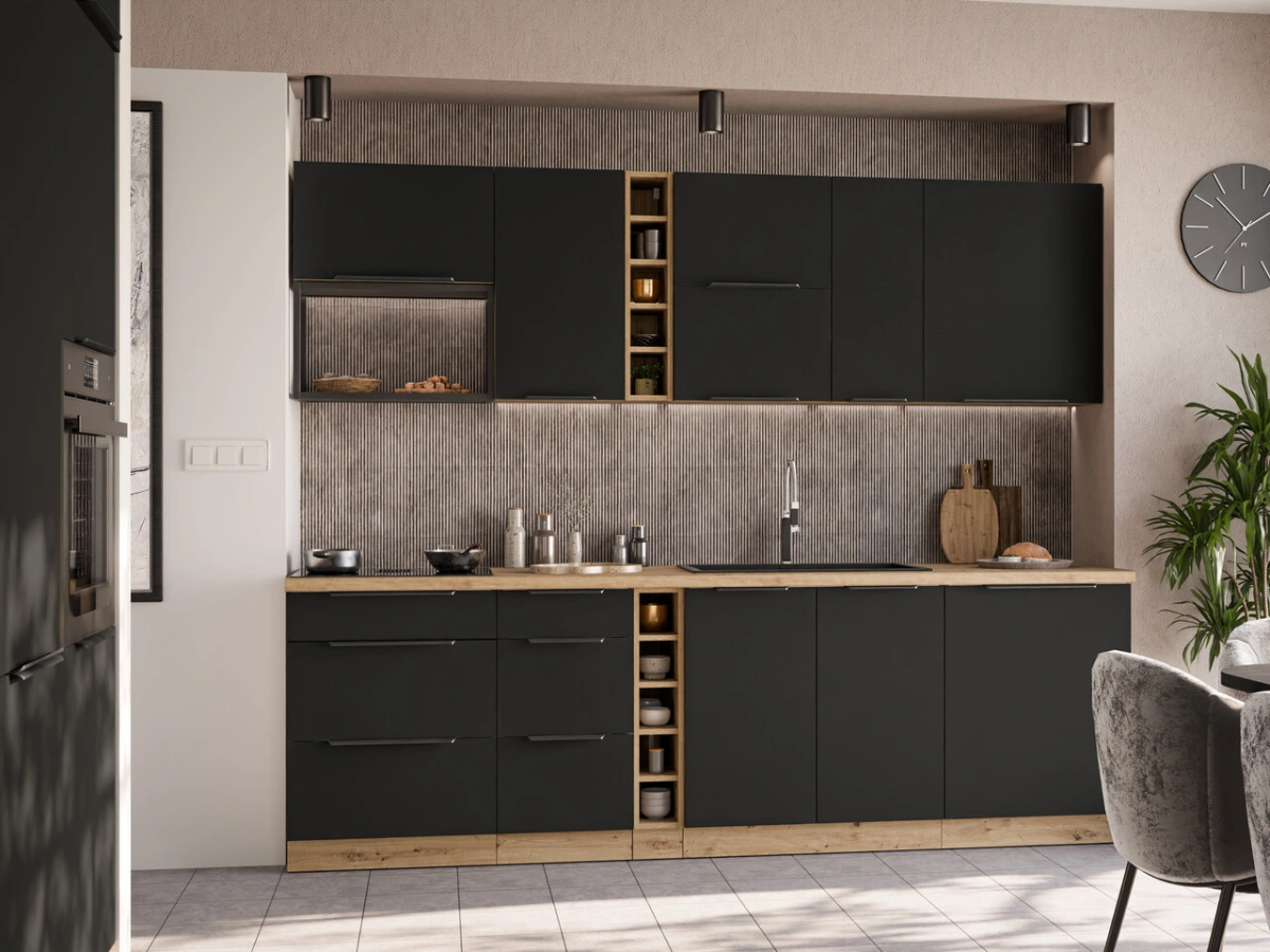 Virtuves komplekts "Aria" ar bēniņu skapjiem, 255 cm
