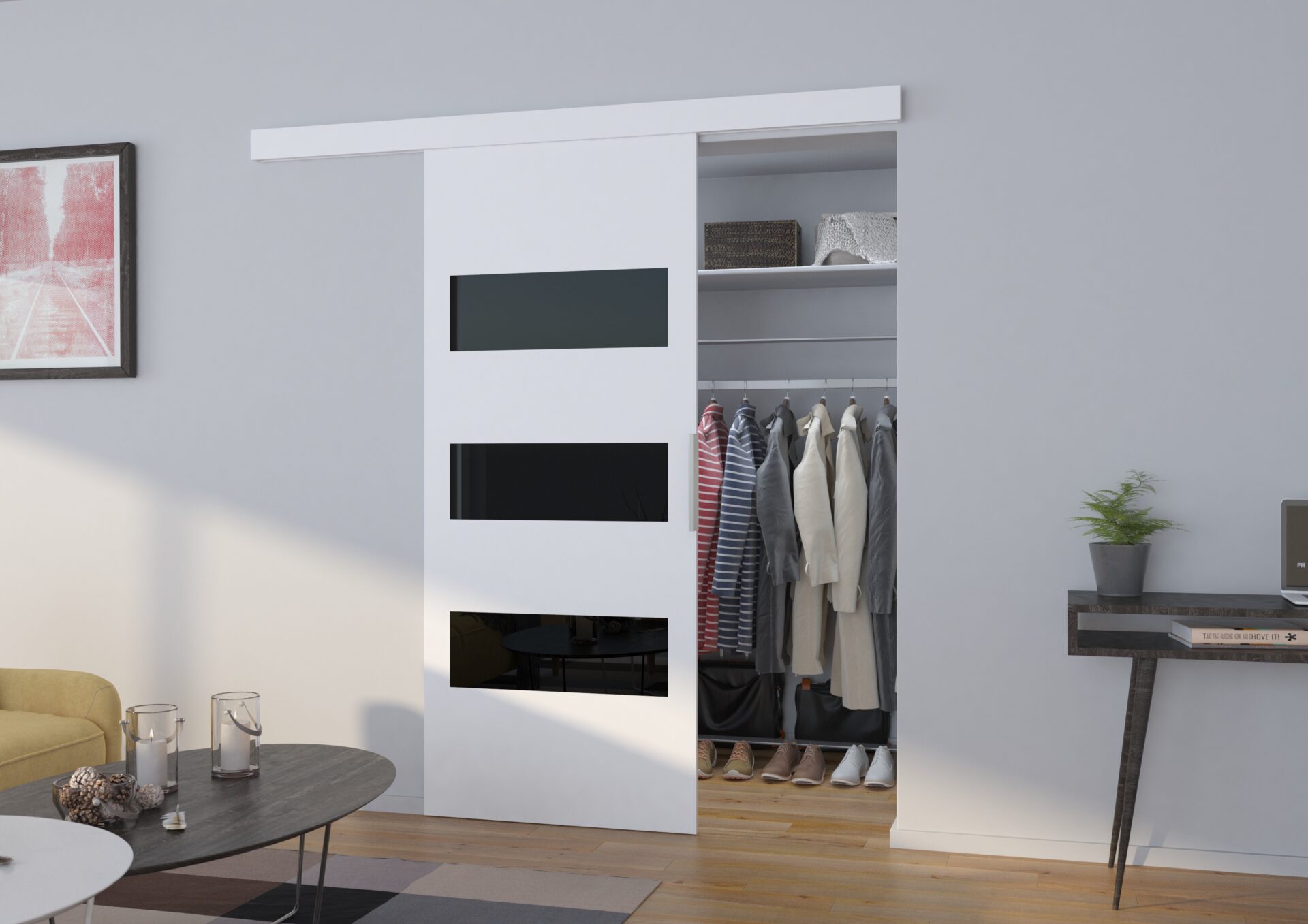 ARES 76 sienas bīdāmās durvis, baltas/melnas, Lacobel ADRK — изображение 2