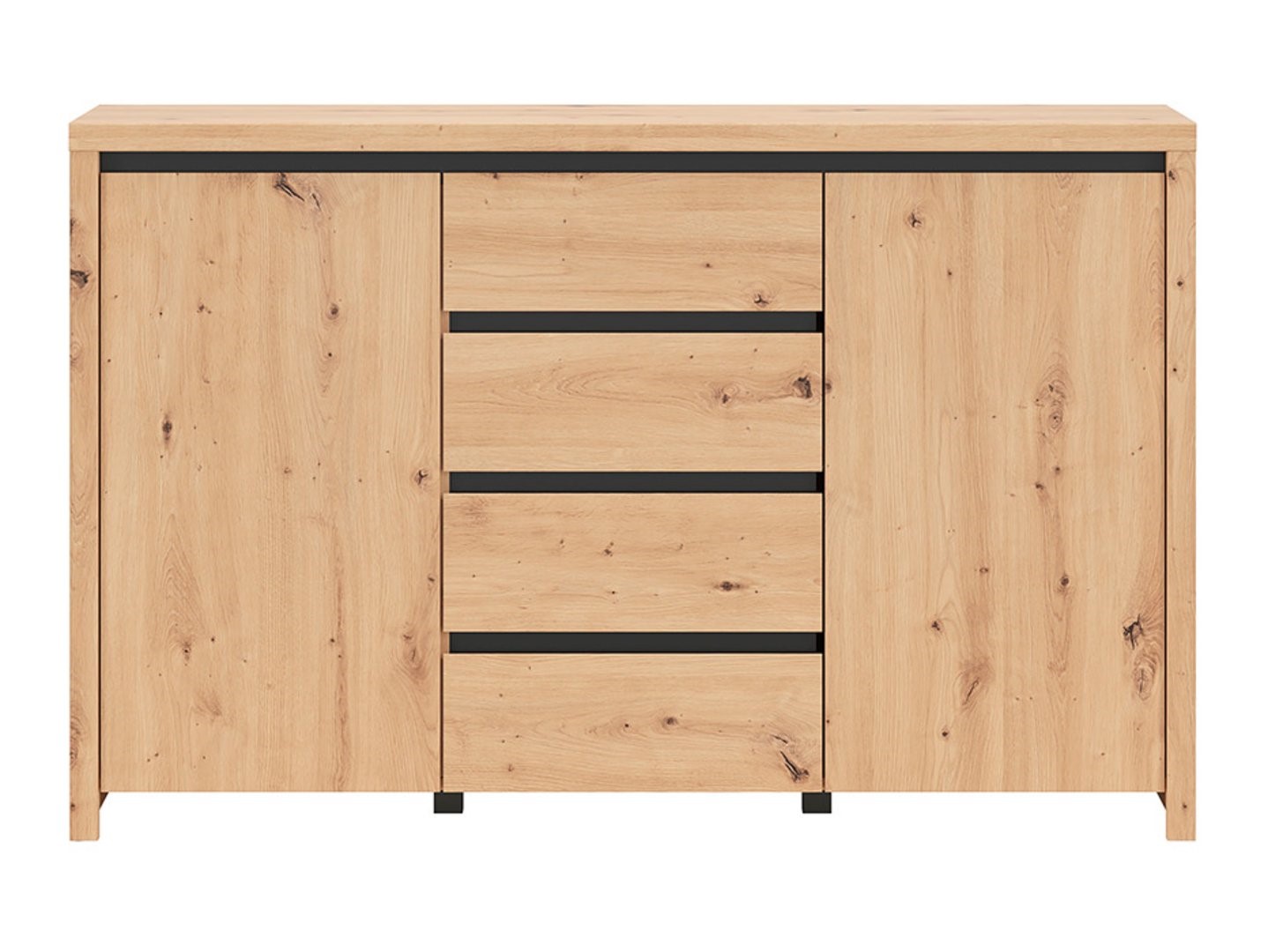 LARIOS kumode ar divām durvīm un četrām atvilktnēm, 143 cm, ozolkoka imitācija/melna