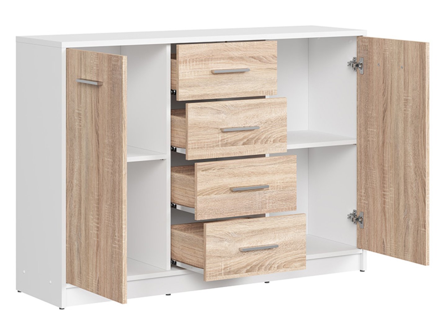 Divdurvju kumode ar četrām atvilktnēm NEPO PLUS 118.5 cm baltā/sonoma ozolkoka krāsā — 3 attēls