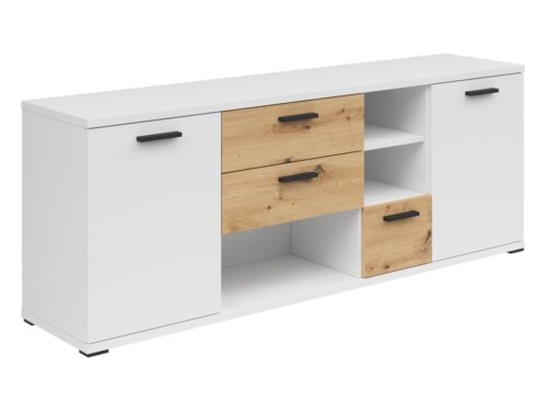 Homeland 155 cm divdurvju kumode ar trim atvilktnēm, balta/mākslinieciskais ozols/balta