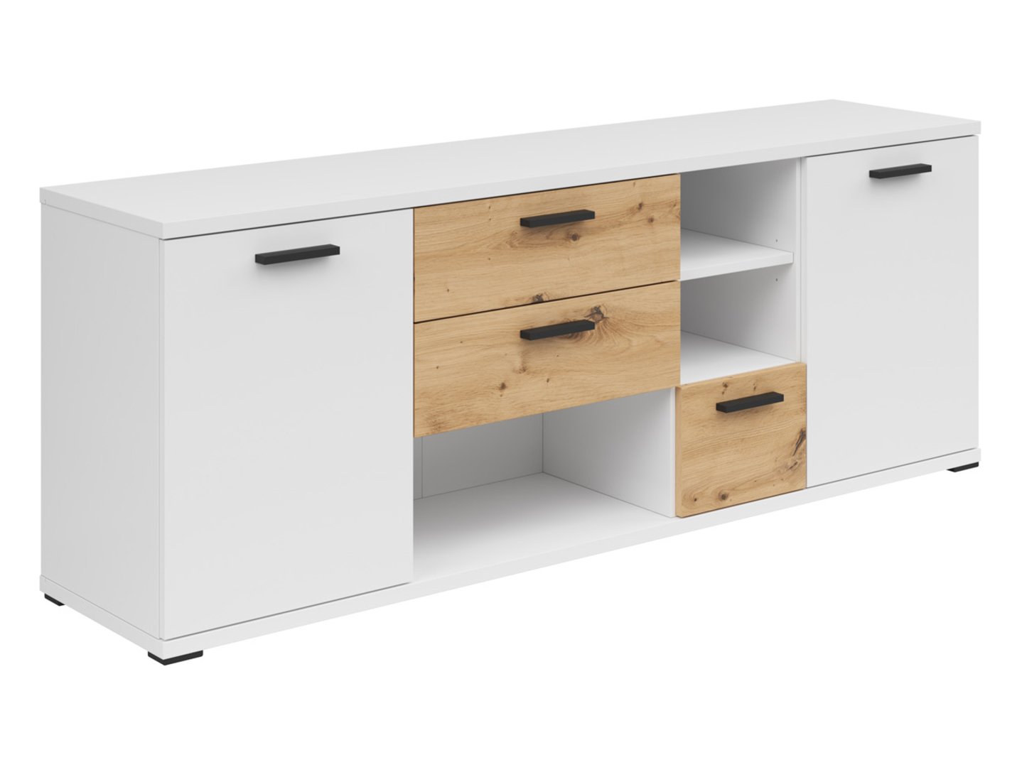 Homeland 155 cm divdurvju kumode ar trim atvilktnēm, balta/mākslinieciskais ozols/balta