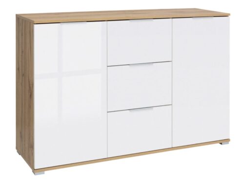 ZELE kumode ar divām durvīm un trim atvilktnēm, 135 cm, Wotan ozols/spīdīgi balta