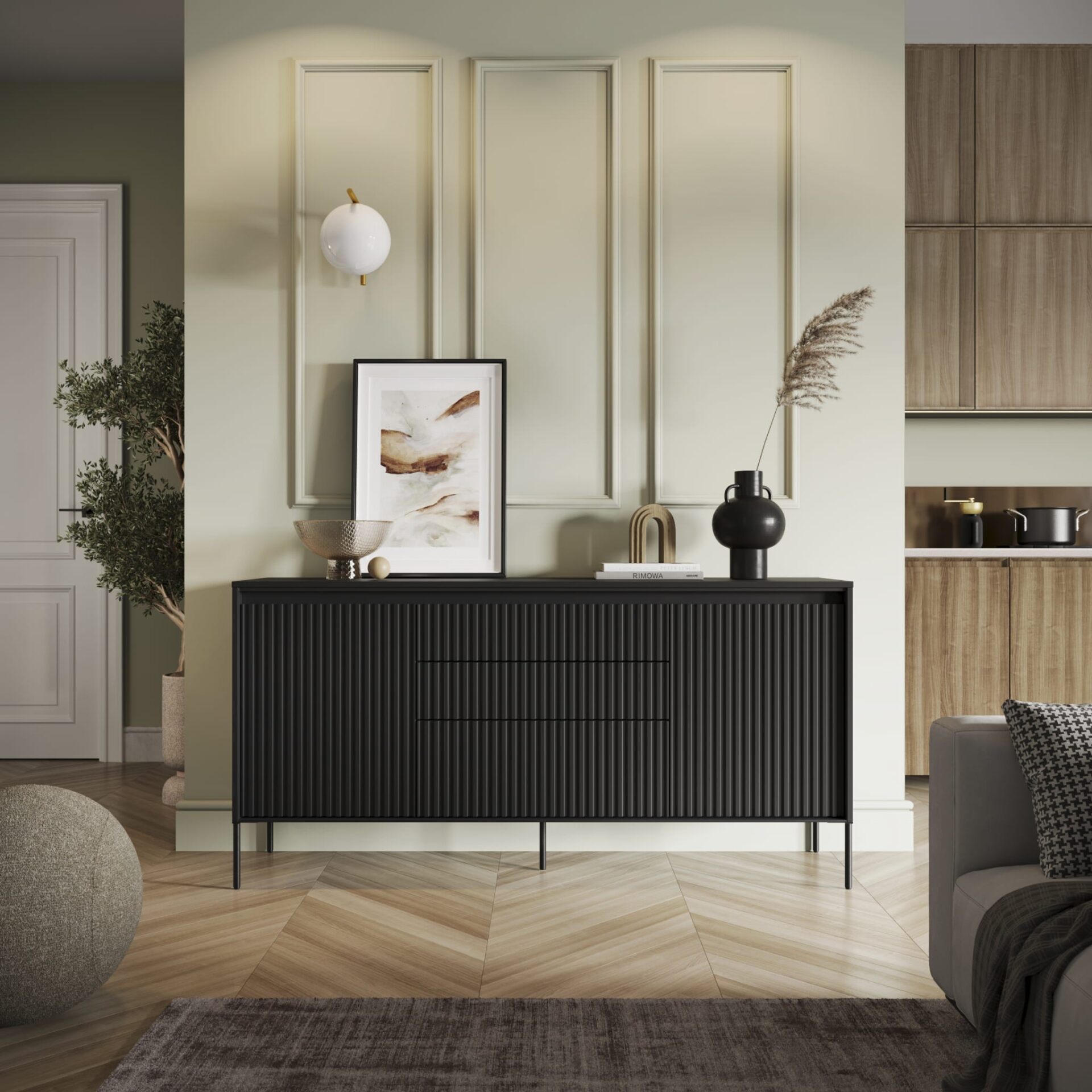 TREND 01 kumode ar rievām, melna/melnas kājas — изображение 2