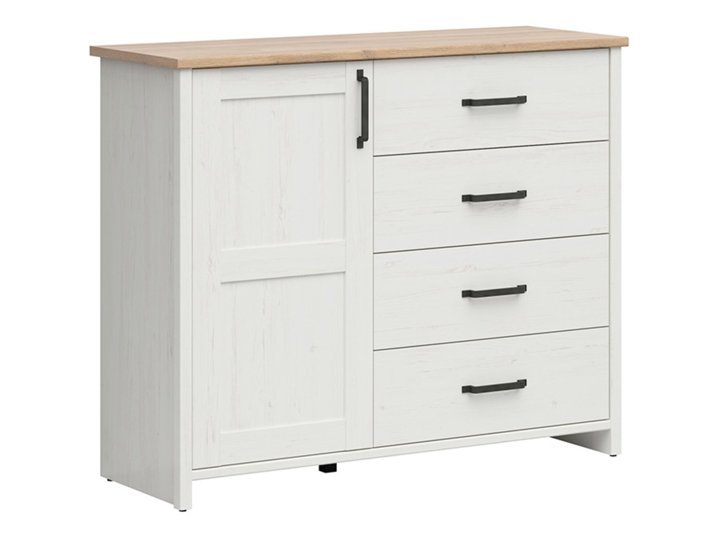 Kumode ar vienviru durvīm un četrām atvilktnēm LOKSA 120 cm, Andersen priede, balta