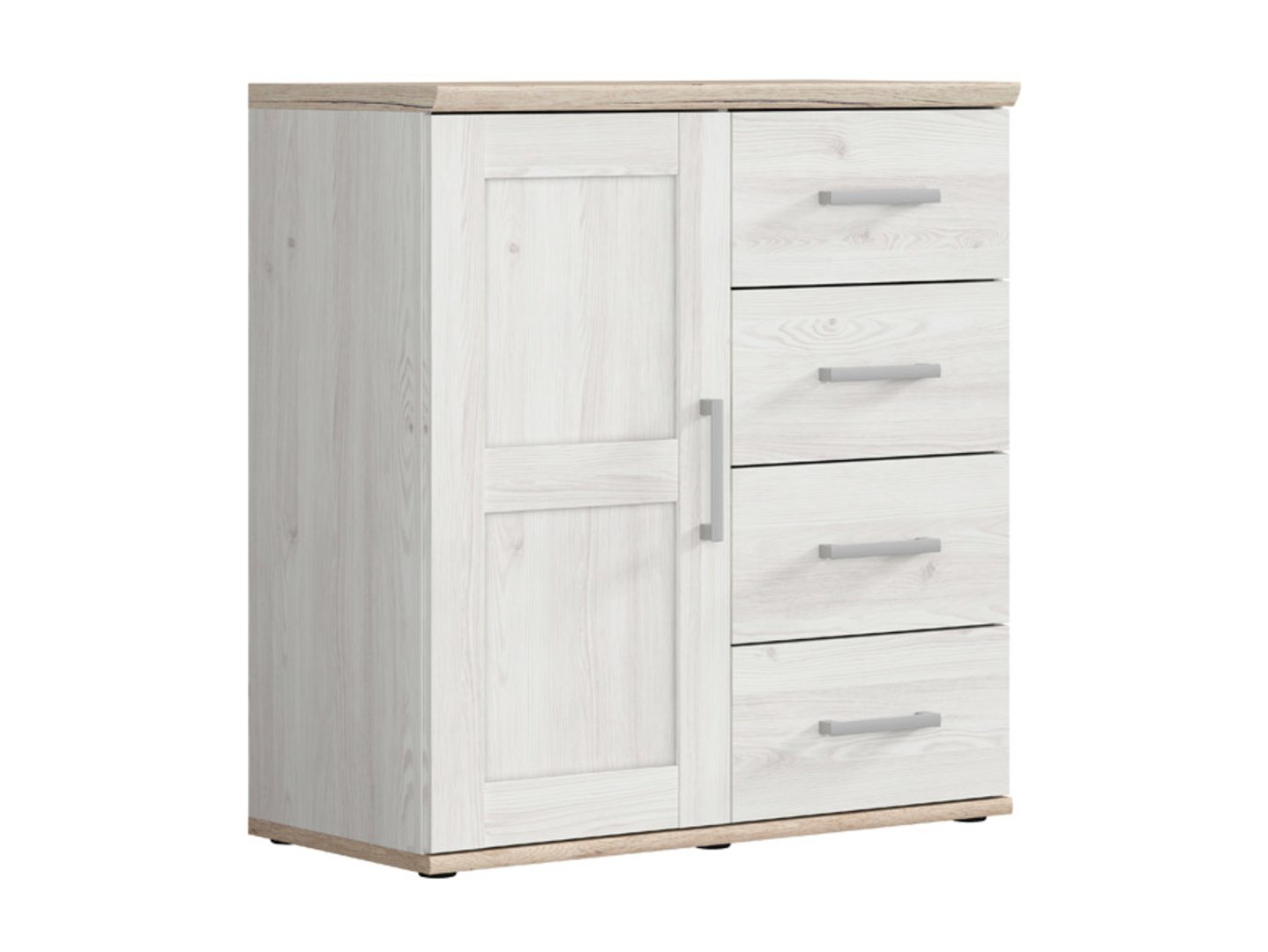 Viendurvju kumode ar četrām atvilktnēm ROMANCE 93 cm gaiša Sibiu lapegle/gaišs San Remo ozols