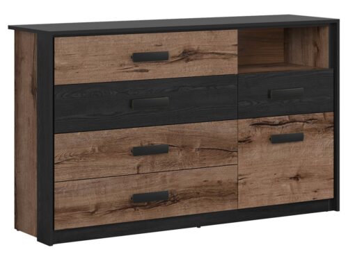 KASSEL kumode ar vienām durvīm un piecām atvilktnēm, 150 cm, klostera ozols/melnais ozols