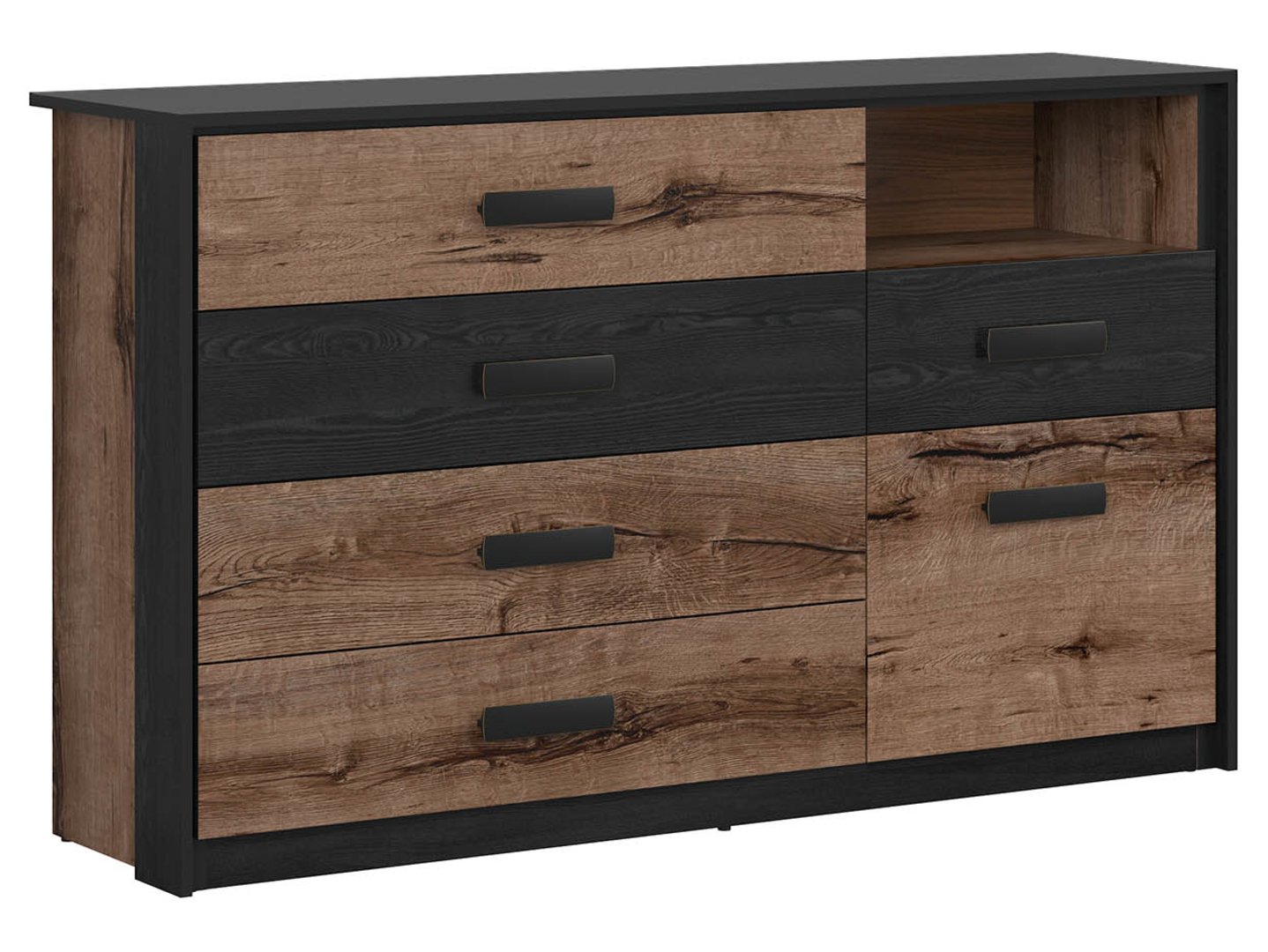 KASSEL kumode ar vienām durvīm un piecām atvilktnēm, 150 cm, klostera ozols/melnais ozols
