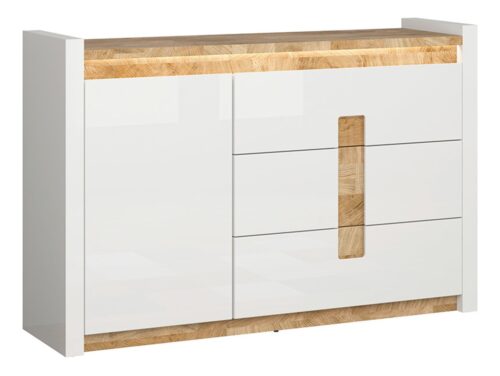 Viendurvju kumode ALAMEDA 147 cm spīdīgi balta/Vestminsteras ozols