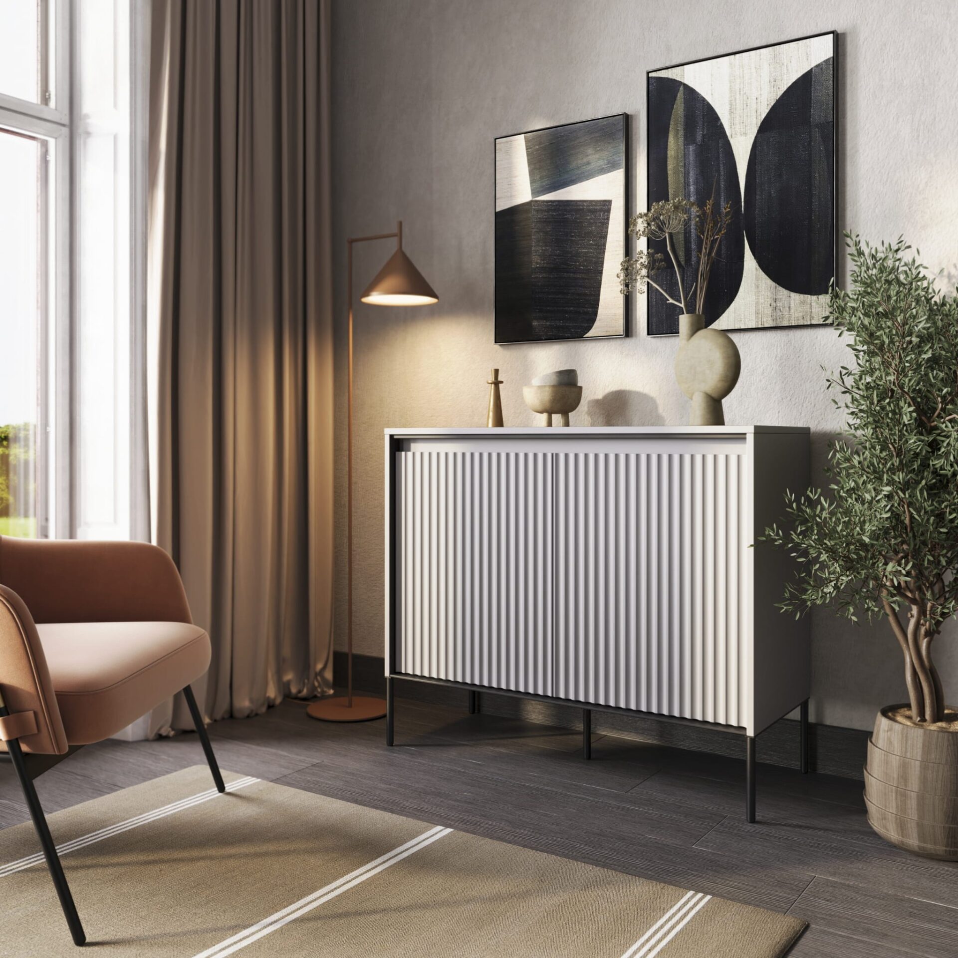 TREND 02 frēzēta kumode ar baltām/melnām kājām — изображение 2
