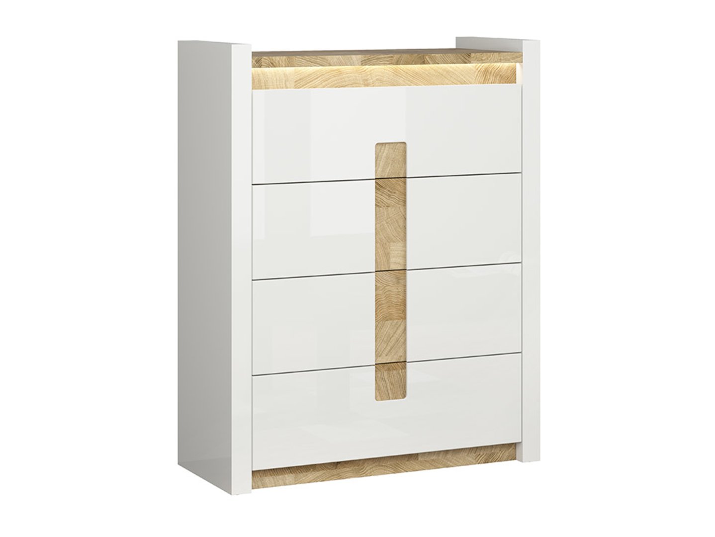 ALAMEDA kumode ar četrām atvilktnēm, 97 cm, spīdīgi balta/Vestminsteras ozols