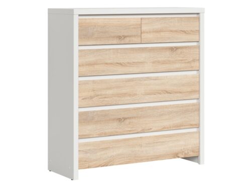 Kumode ar sešām atvilktnēm KASPIAN 104.5 cm baltā krāsā/sonoma ozolkoka krāsā