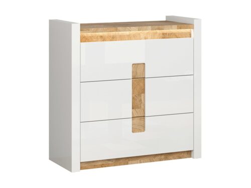 ALAMEDA kumode ar 3 atvilktnēm, 97 cm, spīdīgi balta/Vestminsteras ozols