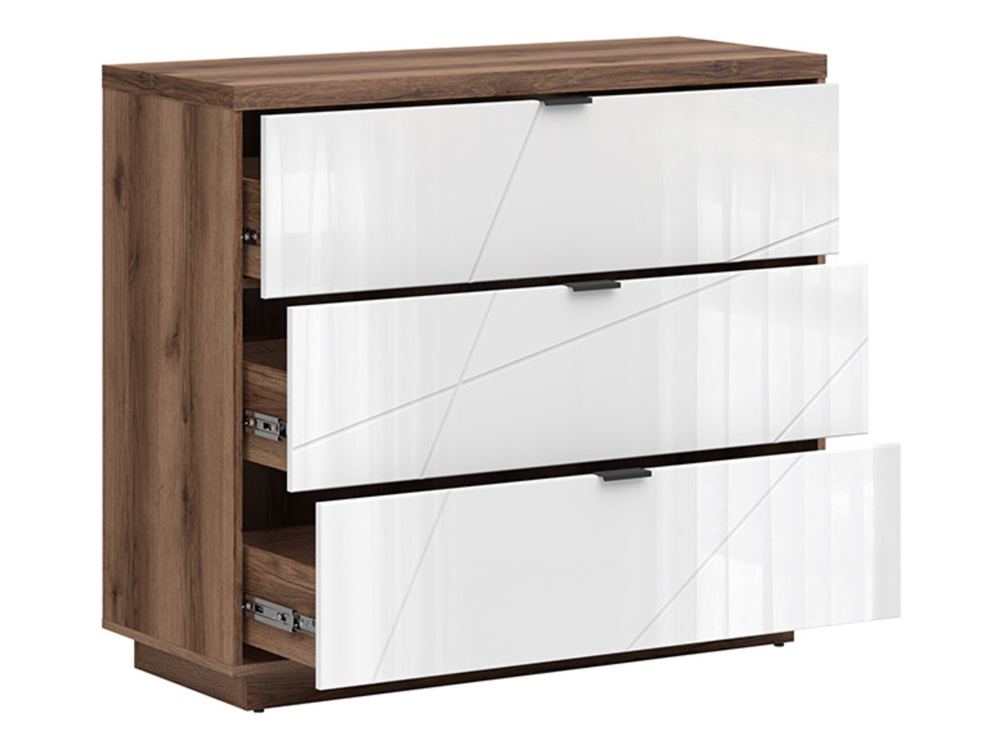 FORN kumode ar trim atvilktnēm, 106 cm, Delano ozols tumšs/spīdīgi balta — 3 attēls
