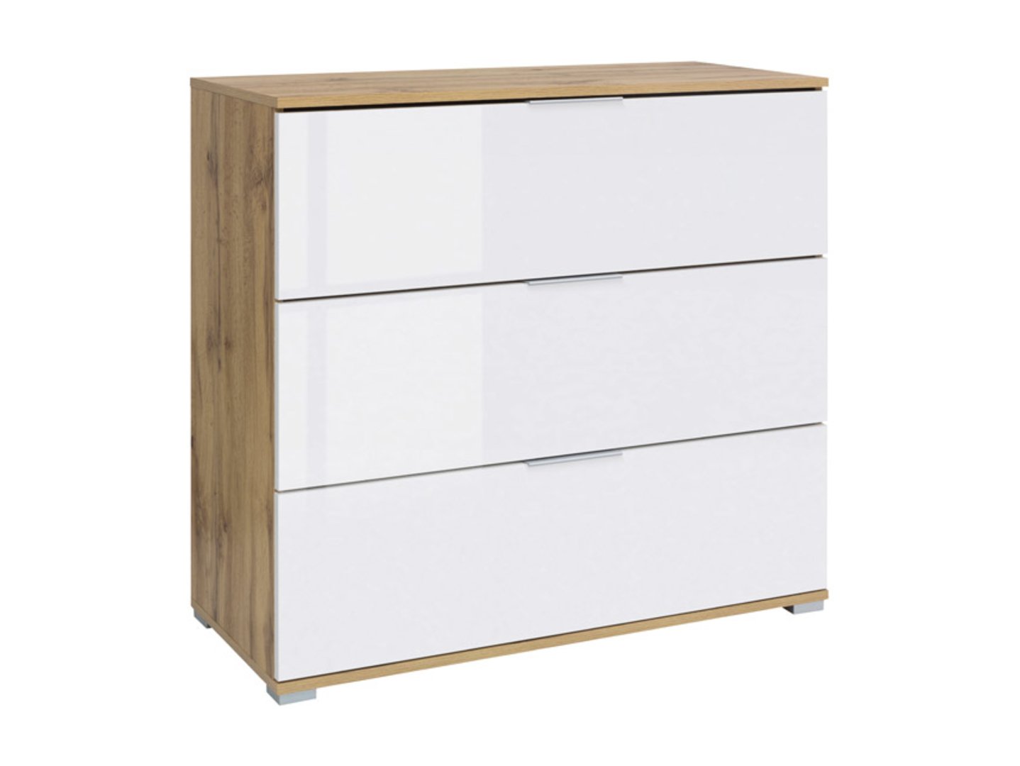 ZELE kumode ar trim atvilktnēm, 95 cm, ozolkoka krāsā, balta, spīdīga