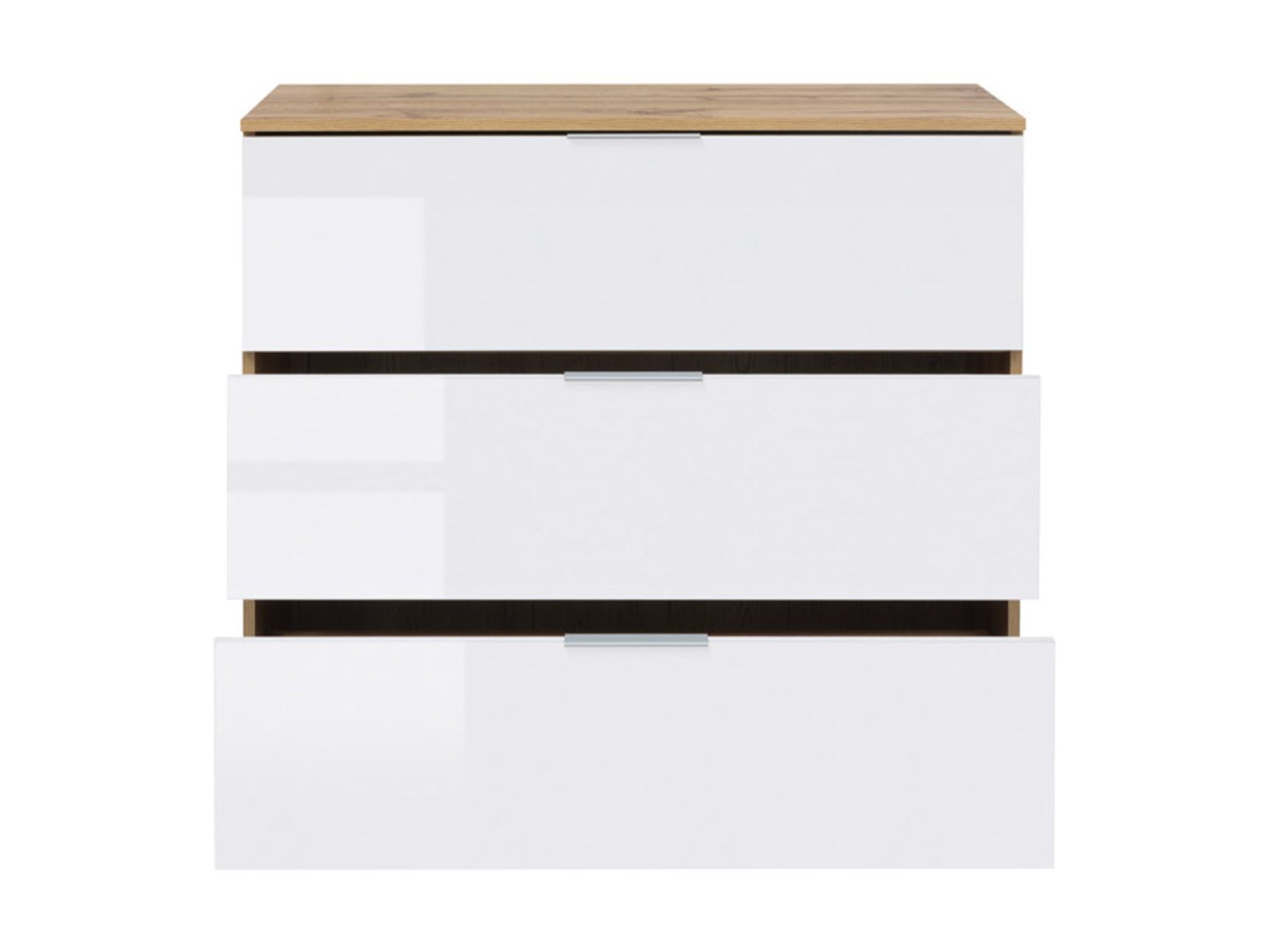 ZELE kumode ar trim atvilktnēm, 95 cm, ozolkoka krāsā, balta, spīdīga — изображение 3