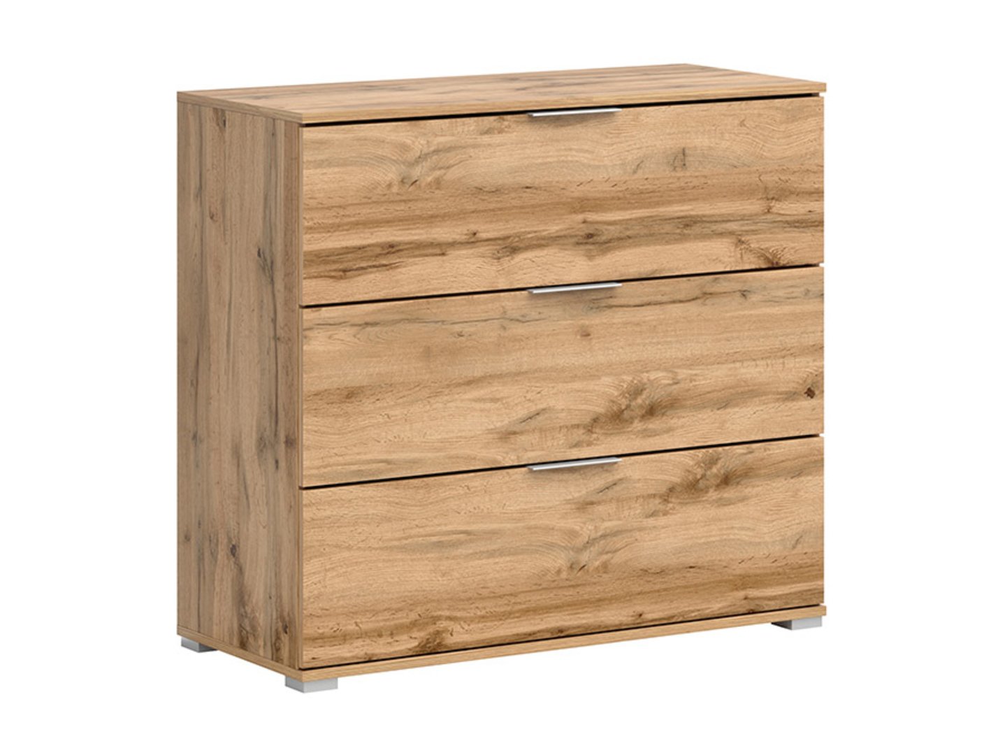 ZELE kumode ar trim atvilktnēm, 95 cm, ozolkoka krāsā, balta, spīdīga