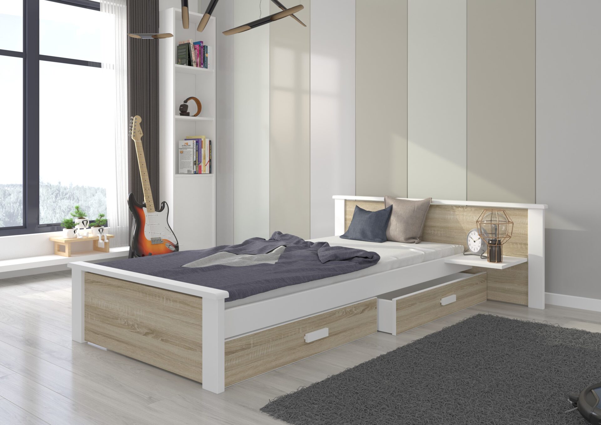 ALDEX PLAUKTS Gulta 180x80 Balta/Sonoma ADRK — 2 attēls