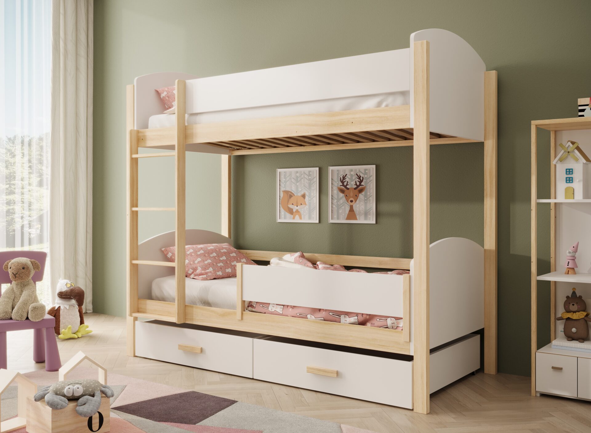 Jori bērnu divstāvu gulta ar margām, 200x90, balta/priede, ADRK — изображение 2