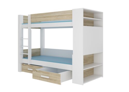 Divstāvu gulta ar GARET 180×80 matračiem, balta/Sonoma ADRK