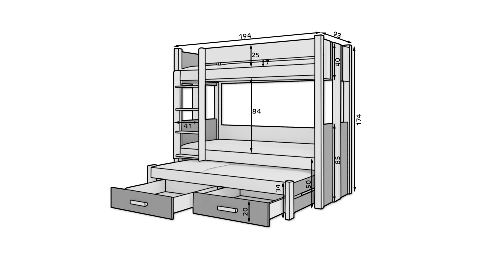 ARTEMA trīsstāvu gulta 180x80 balta ADRK — 3 attēls