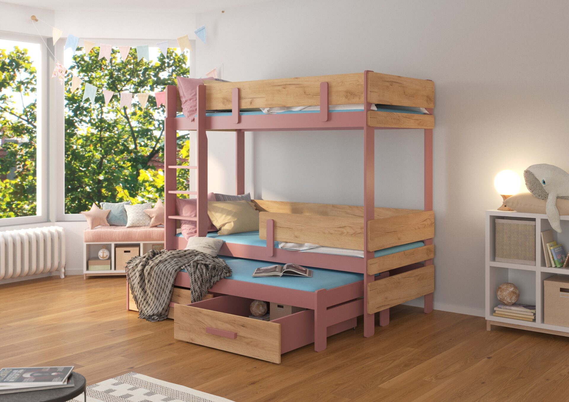 ETAPO trīsstāvu gulta 180x80 priede/zeltainais ozols ADRK