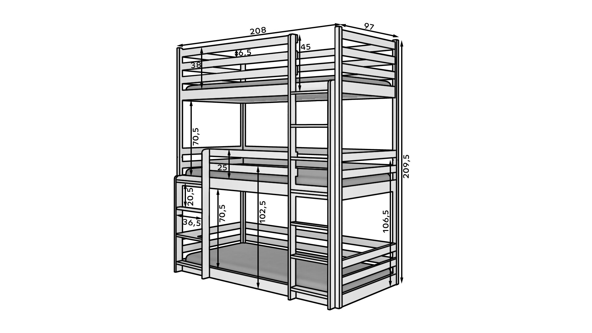 TEDRO trīsstāvu gulta 200x90 priede ADRK — 3 attēls