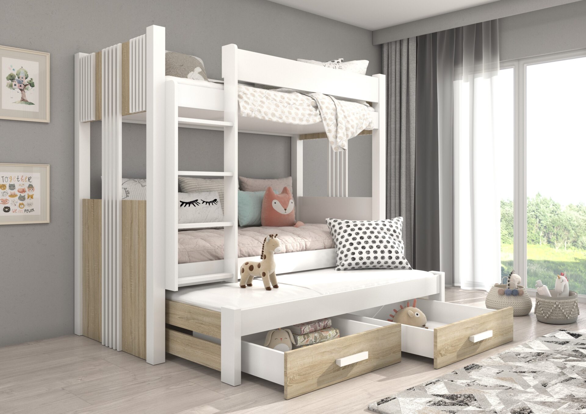 Trīsstāvu gulta ar ARTEMA 180x80 matračiem, balta/Sonoma ADRK — 2 attēls