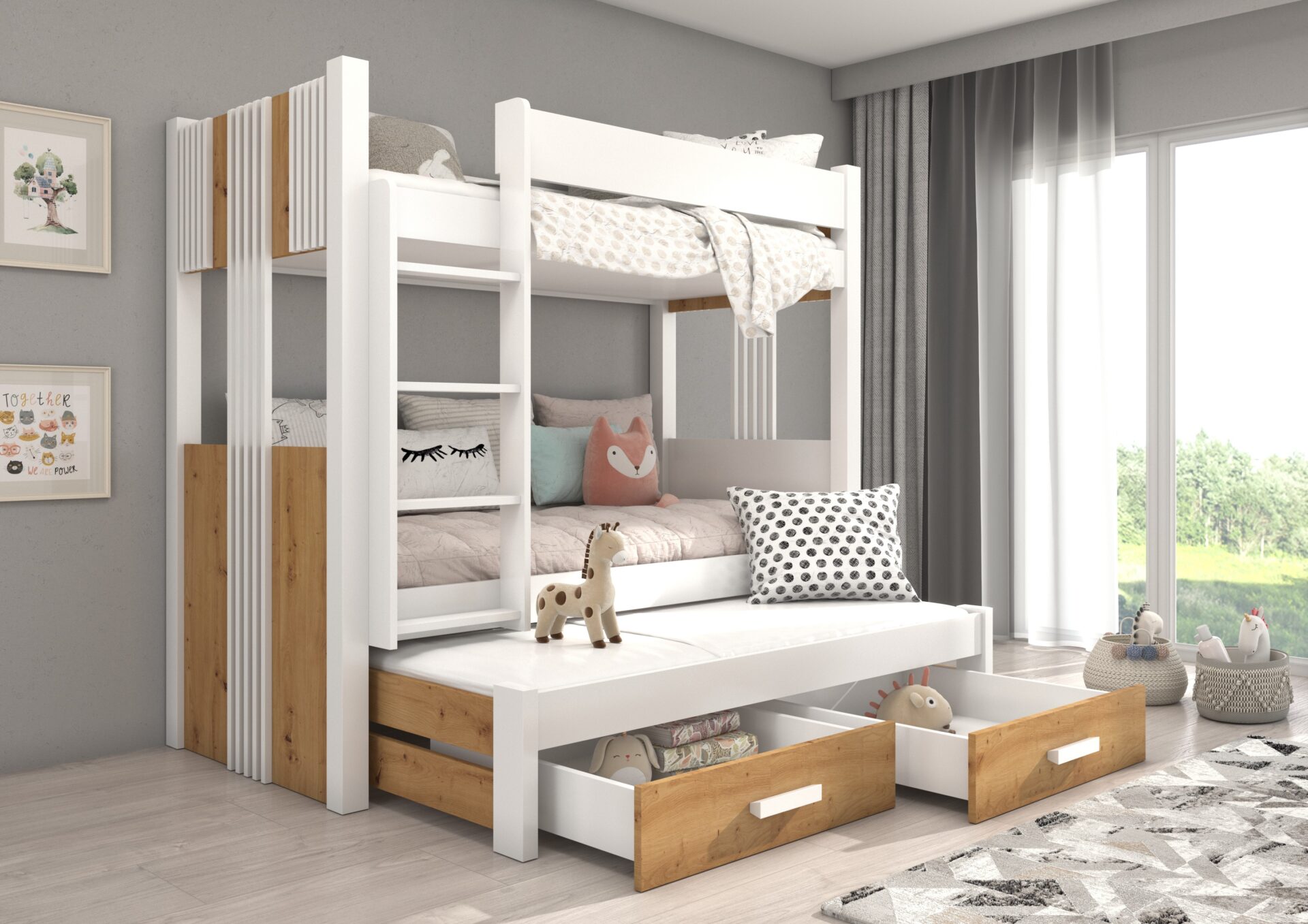 Trīsstāvu gulta ar ARTEMA 180x80 matračiem, balta/Artisan ADRK — 2 attēls