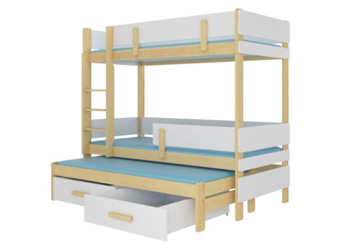 Trīsstāvu gulta ar ETAPO matračiem 180×80 dabīga priede/balta ADRK