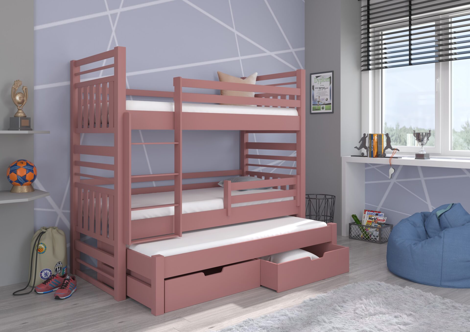 Trīsstāvu gulta ar HIPPO 180x80 matračiem, ADRK priede — изображение 2